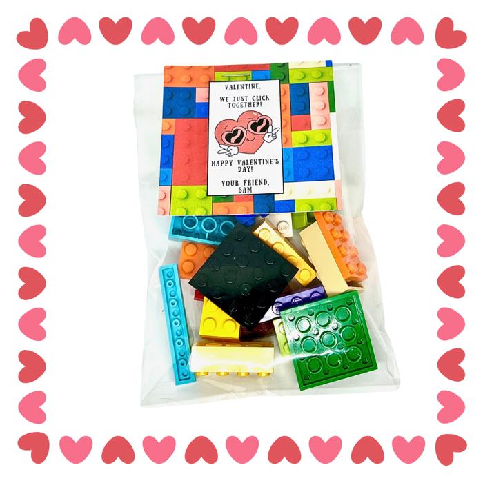 Set of 10 Personalized Valentines Day Building Blocks and Card Sets INCLUDES BAGS, BLOCKS and CARDS