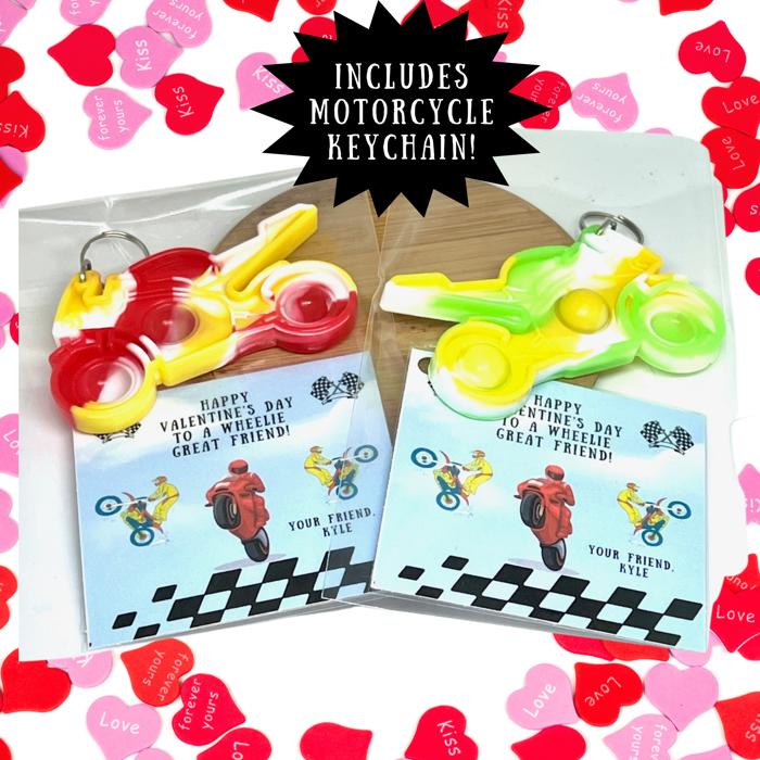 Valentines Day Motorcycle Keychain and Card Set for Classroom Gift Exchange