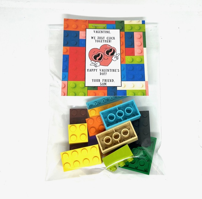 Set of 10 Personalized Valentines Day Building Blocks and Card Sets INCLUDES BAGS, BLOCKS and CARDS