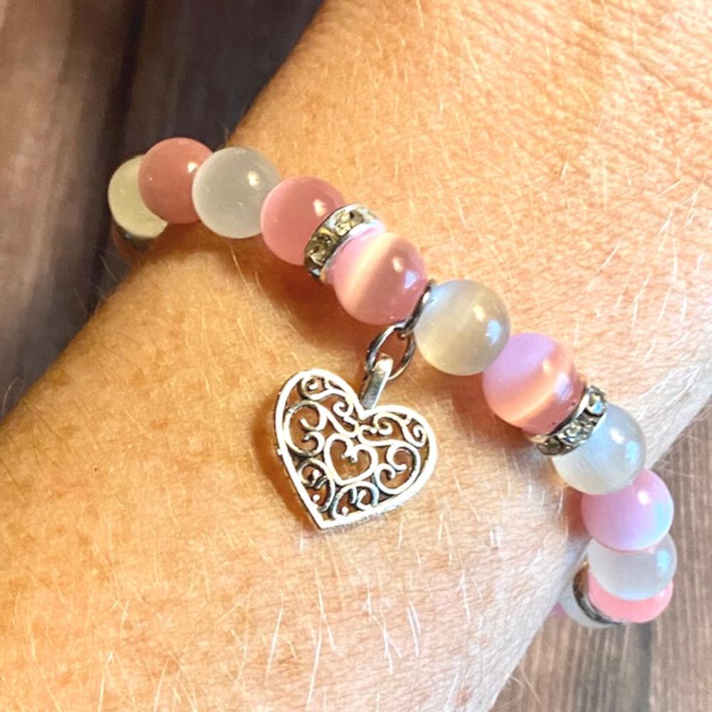 Cats Eye Beaded Bracelets with Silver Heart Charm