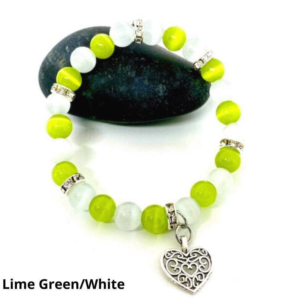 Cats Eye Beaded Bracelets with Silver Heart Charm