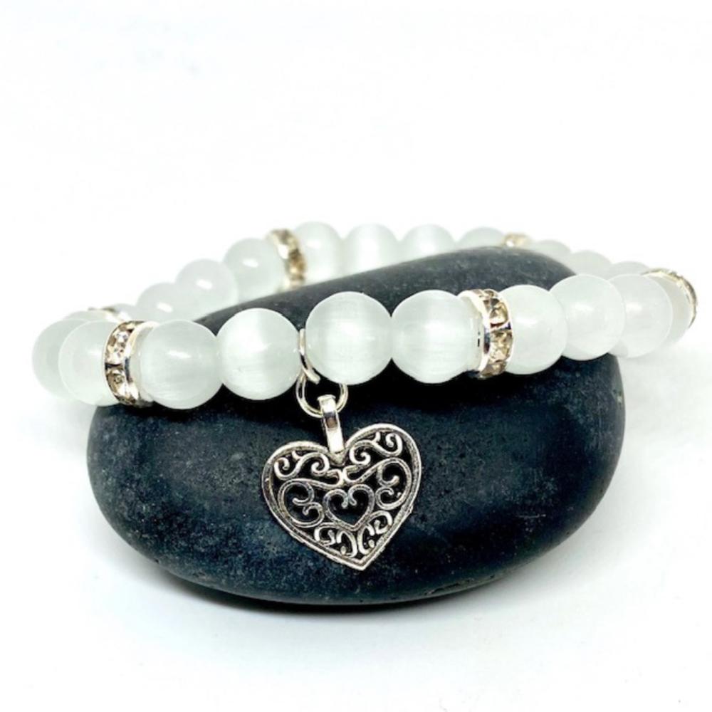 Cats Eye Beaded Bracelets with Silver Heart Charm