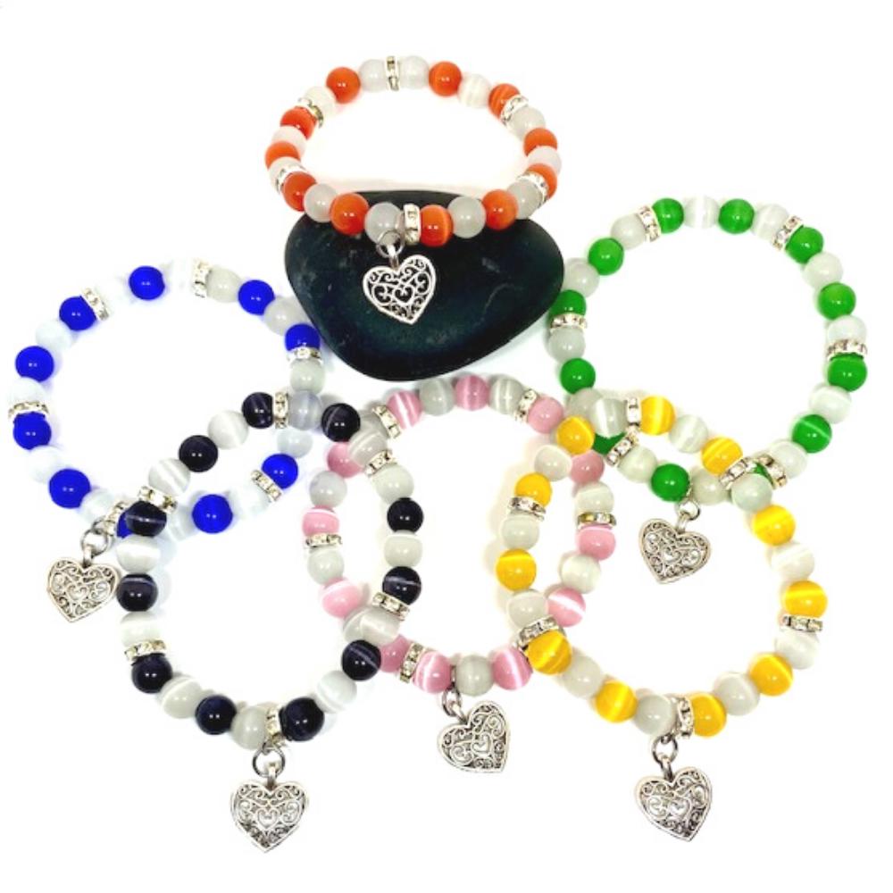 Cats Eye Beaded Bracelets with Silver Heart Charm