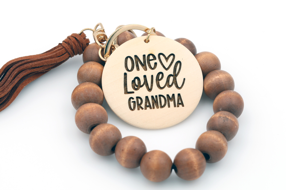 BROWN WOOD Keychain Wristlet With Engraved Disc