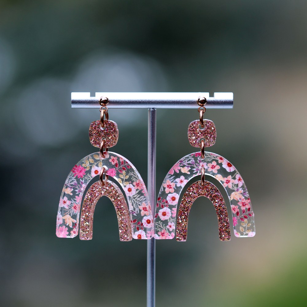 Dusty Pink Floral | Boho Rainbow Acrylic Dangle Earrings