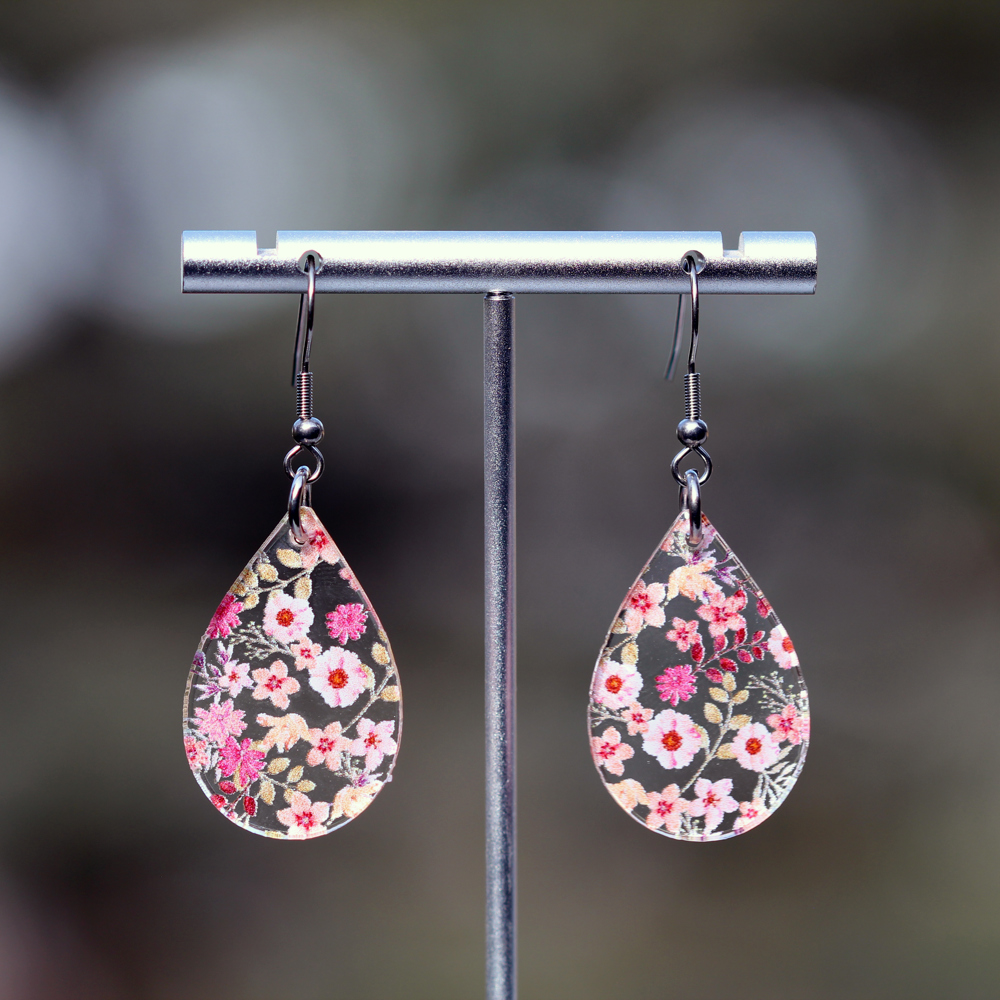 Dusty Pink Floral | Teardrop Acrylic Dangle Earrings