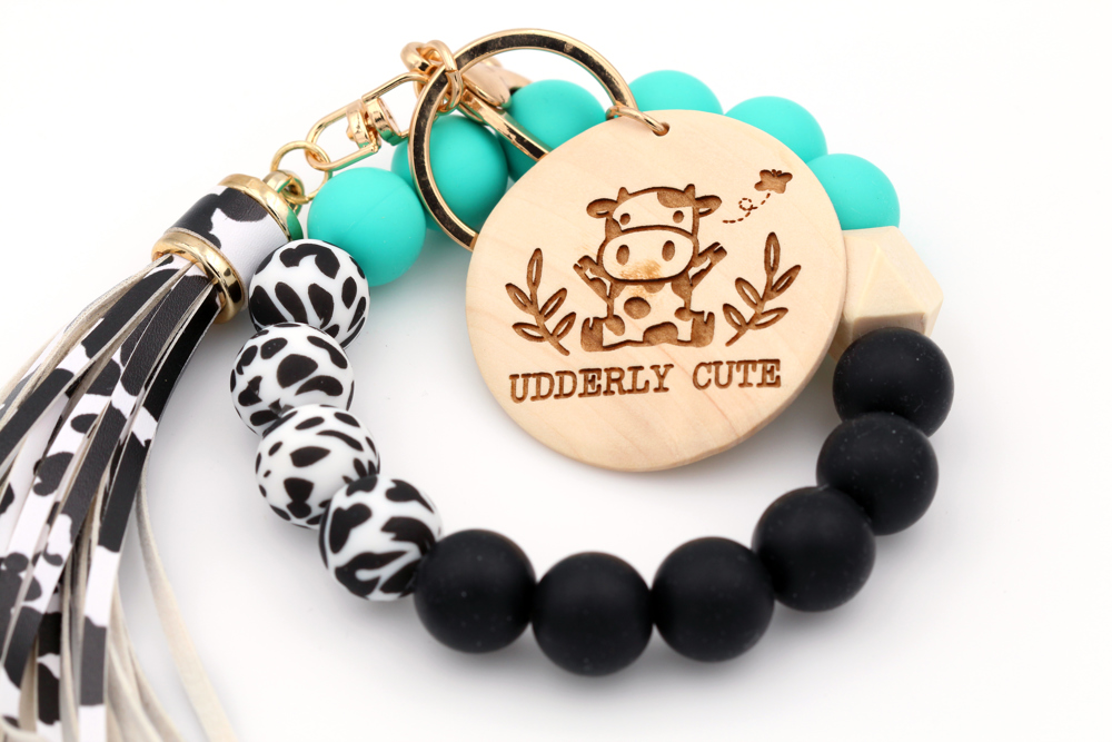 Mint Cowprint | Silicone Keychain Wristlet With Engraved Disc