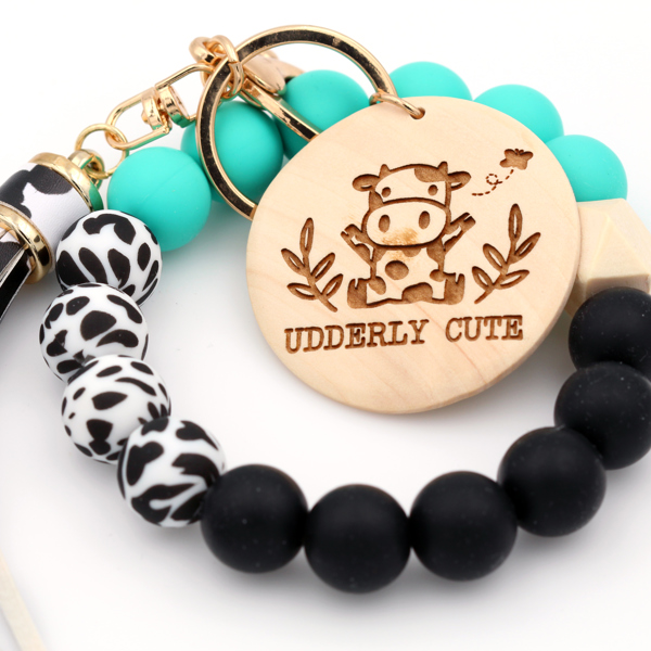 Mint Cowprint | Silicone Keychain Wristlet With Engraved Disc