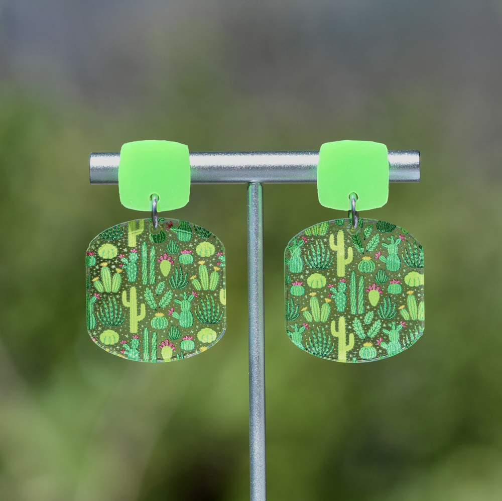 Cactus | Rounded Square Acrylic Dangle Earrings