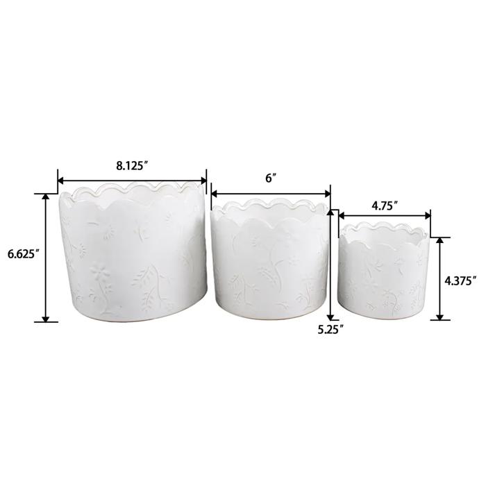 Set of 3 Scallop Wild Flower Ceramic Pots