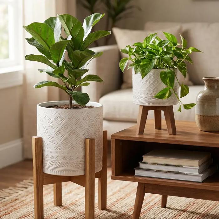 Set of 2 10' & 8" Illuminati Ceramic Planter on Wood Stand