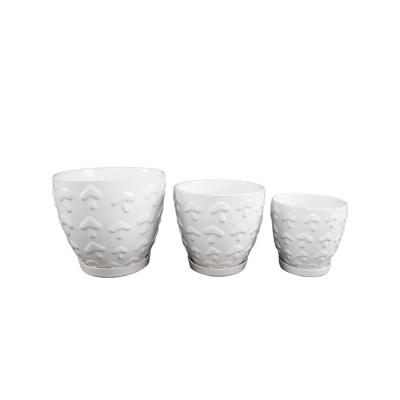 Set of 3 Ivory 10",8“,6.75” Mushroom Ceramic Pots on Saucer