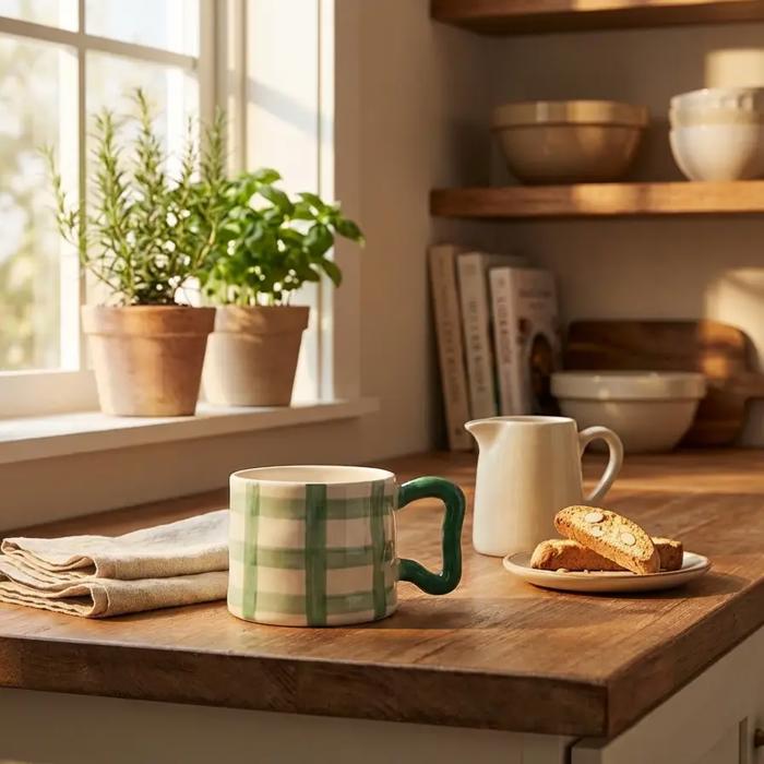 Green Plaid Ceramic Mug with Sculpted Handle – 18oz
