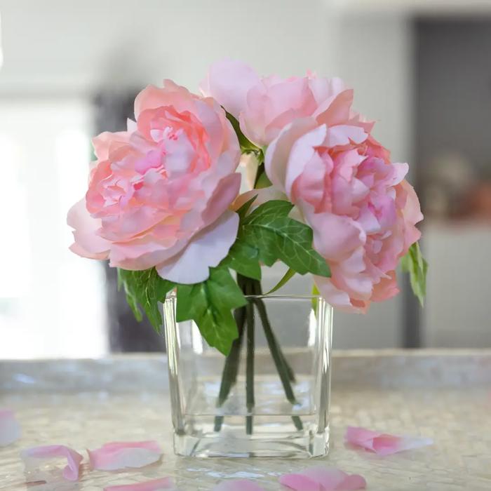 9.5" Pink Silk Peonies in Glass Vase