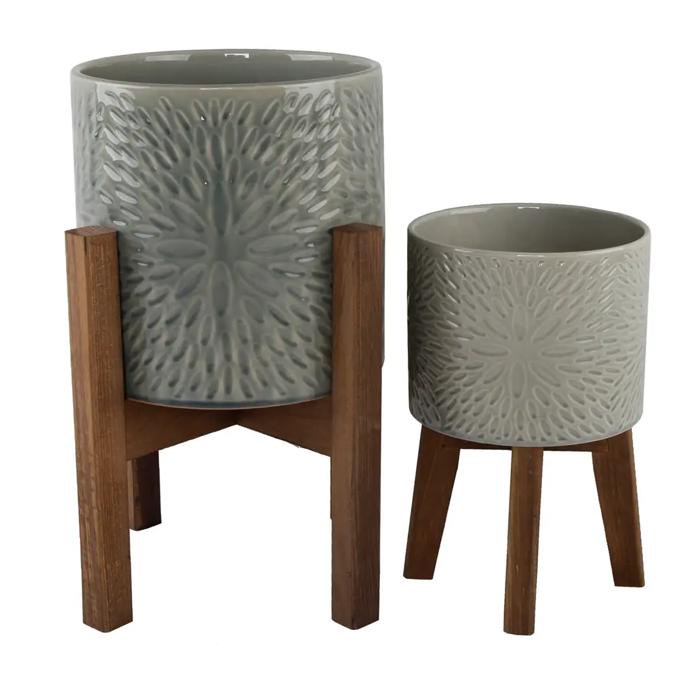Set of 2 10" & 8"  Sunburst Ceramic Planters