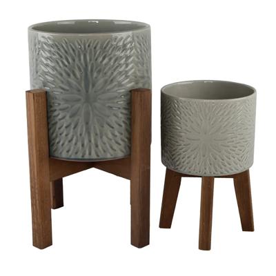 Set of 2 10" & 8"  Sunburst Ceramic Planters