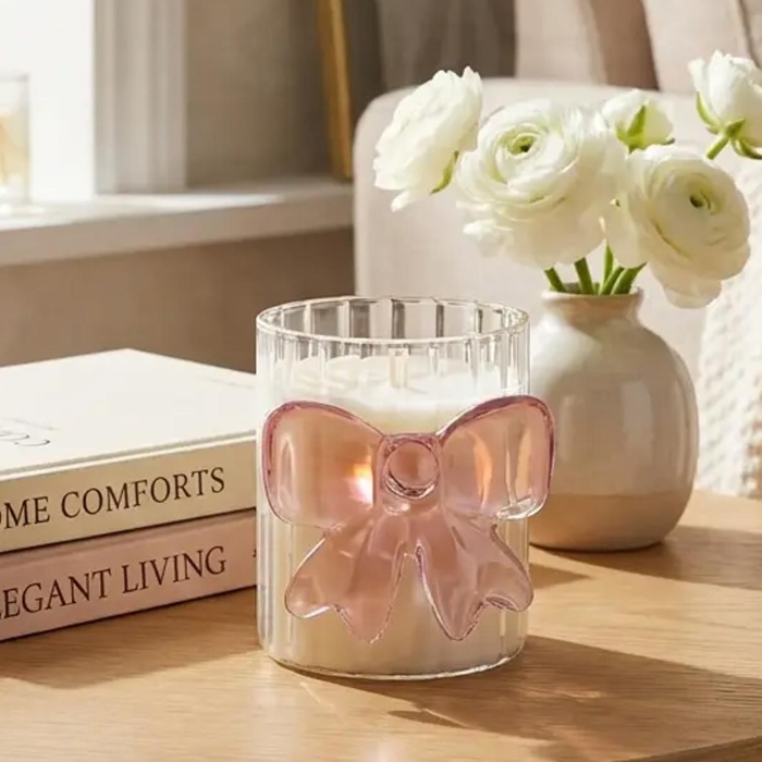 3.5"H Glass Candle w/Bow (7.1 oz) -Sparkling Champagne