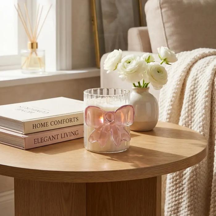 3.5"H Glass Candle w/Bow (7.1 oz) -Sparkling Champagne