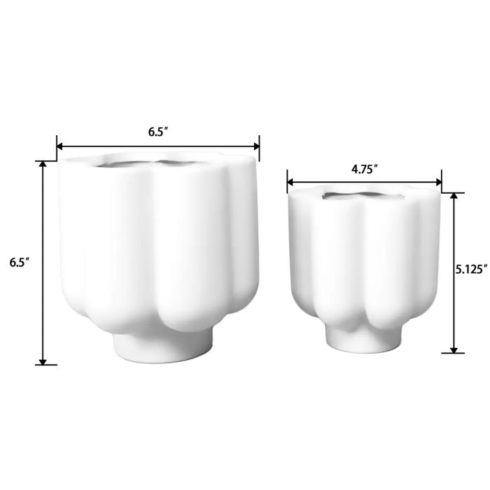 Set of 2, Gloss White 6.5"D & 5.25"D   Ceramic Flower Planters