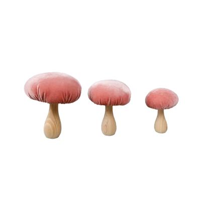 Set of 3 Velvet Mushroom on Wood Stem L,M,S 