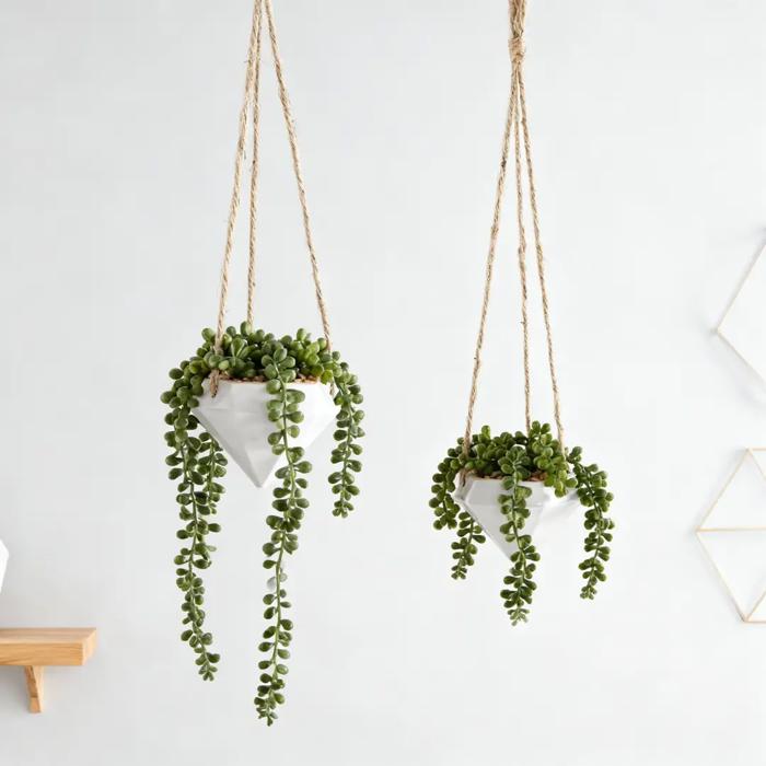 Set of 2 6.75" & 4.5' Empty White Hanging Geo Planters