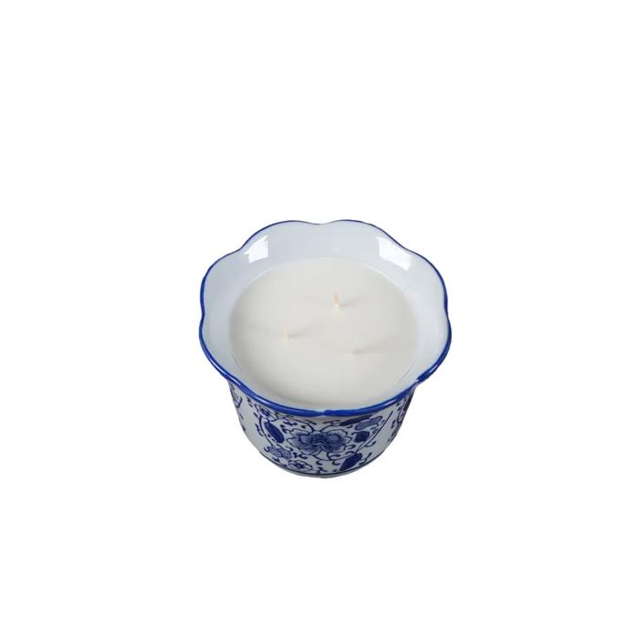 Blue & White Floral Ceramic Candle - Santal