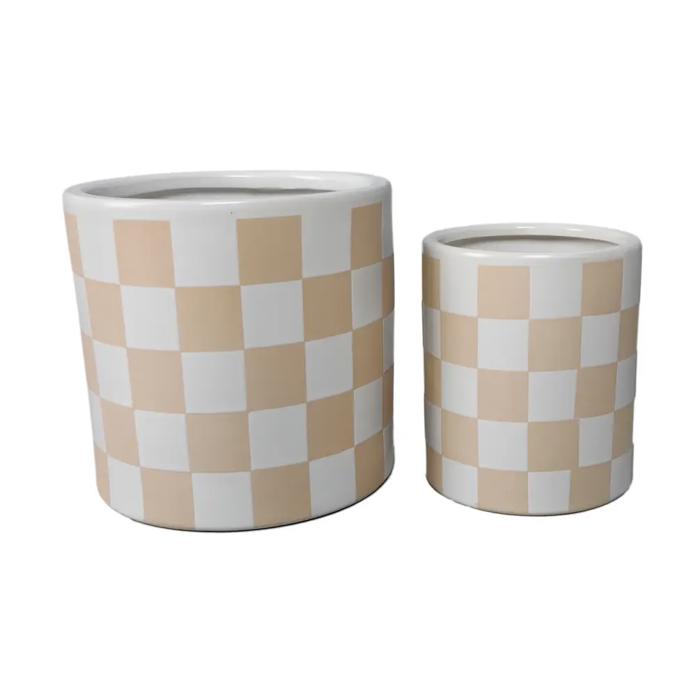 Set of 2, 8.25" & 6.25" Beige   Checkered Ceramic Pots