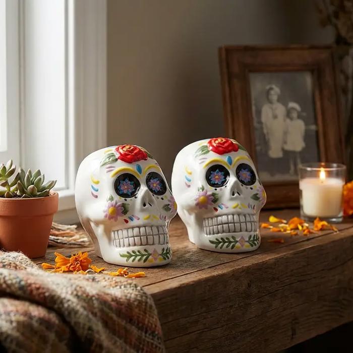 4" Set of 2 Day of Dead Colorful Skulls 