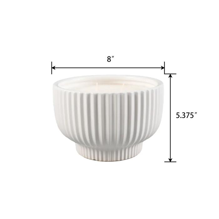 White Ribbed Ceramic Bowl Candle - Bamboo 