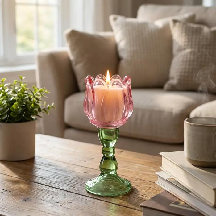 Pink Glass Tulip Candle Holder - Vanilla Cloud
