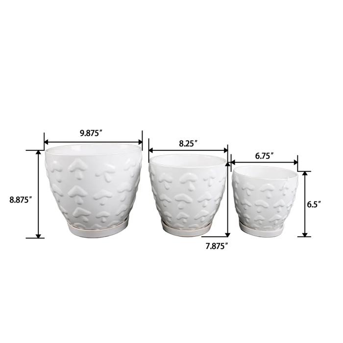 Set of 3 Ivory 10",8“,6.75” Mushroom Ceramic Pots on Saucer