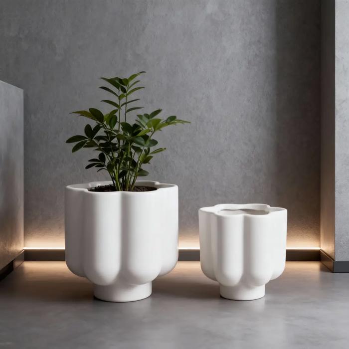 Set of 2, Gloss White 6.5"D & 5.25"D   Ceramic Flower Planters