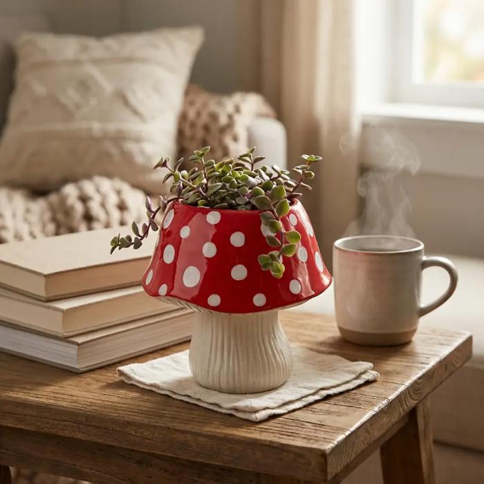  7"D Red Polka Dot Mushroom Ceramic Planter