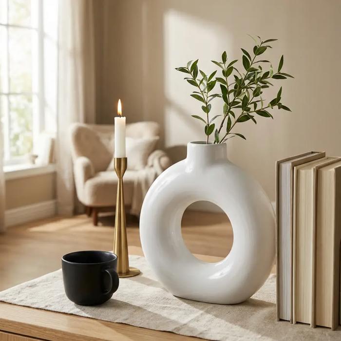 8" Circular Donut Ceramic Vase 8"x2.25"x8"