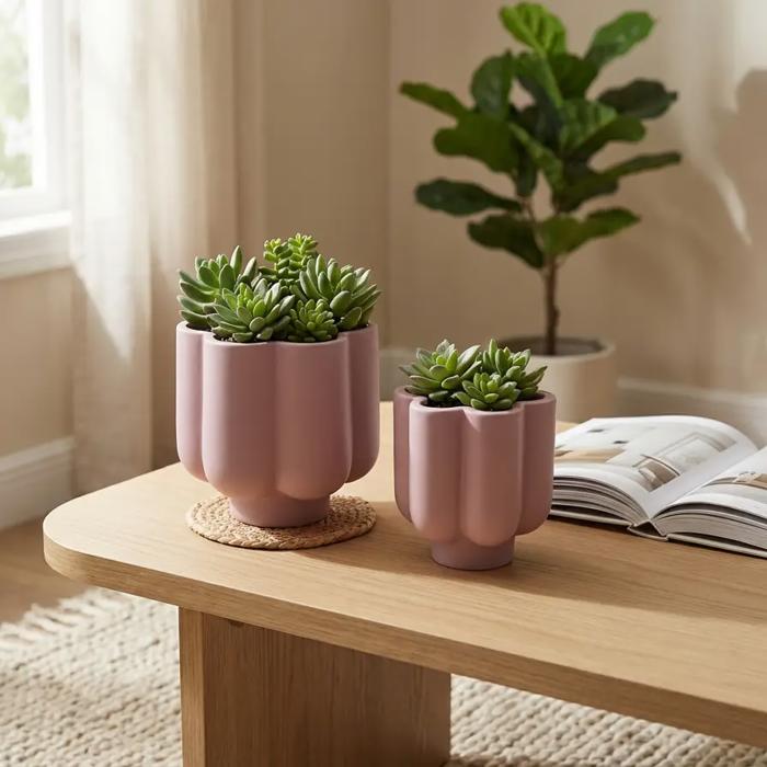 Set of 2, Matte Lilac 6.5"D & 5.25"D   Ceramic Flower Planters