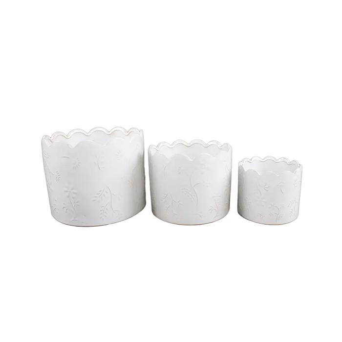 Set of 3 Scallop Wild Flower Ceramic Pots