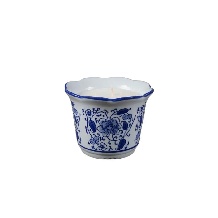 Blue & White Floral Ceramic Candle - Santal