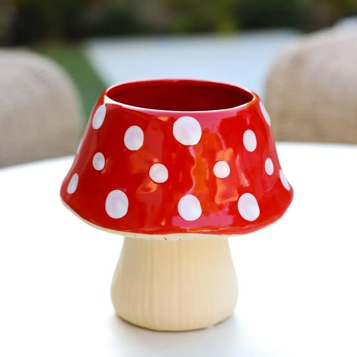  7"D Red Polka Dot Mushroom Ceramic Planter