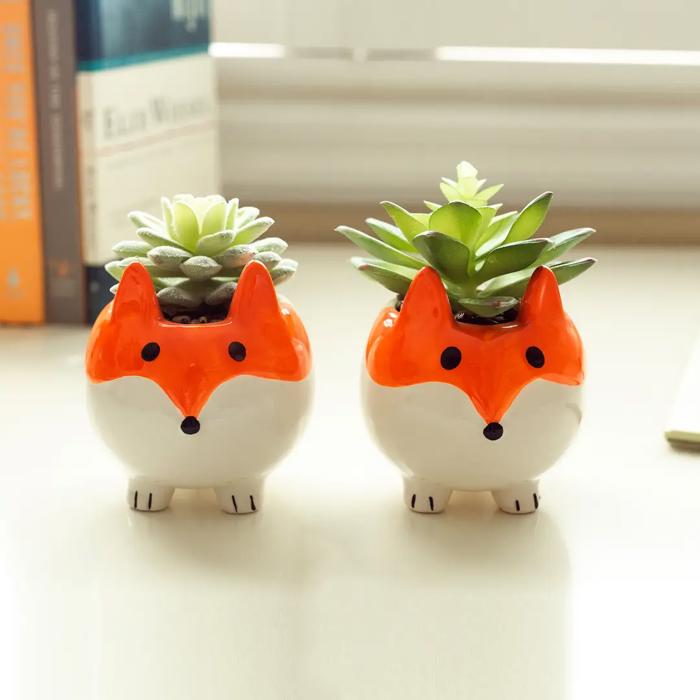 Set of 2 Succulents in Fox Planters