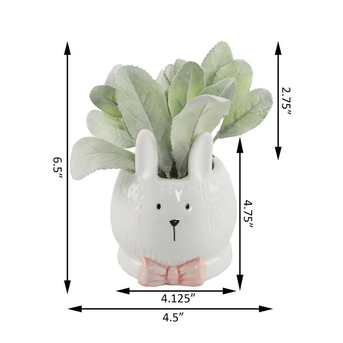 Bunny Face Ceramic Planter with Faux Sage