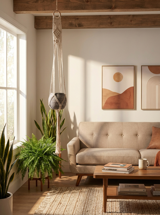 43" H Hanging Macrame With Aztec Ceramic Pot 