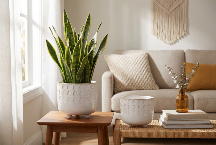 Set of 2 Textured Footed Ceramic Planters 