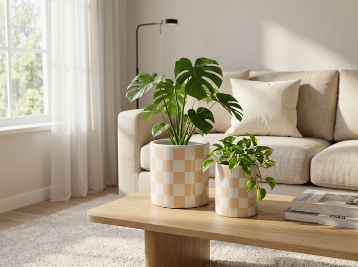 Set of 2, 8.25" & 6.25" Beige   Checkered Ceramic Pots