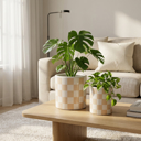  Set of 2, 8.25" & 6.25" Beige   Checkered Ceramic Pots