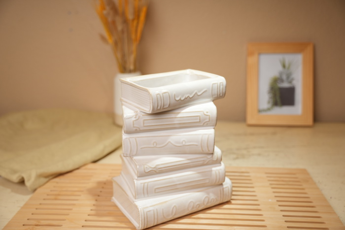 Ivory Ceramic Stacked Books Vase