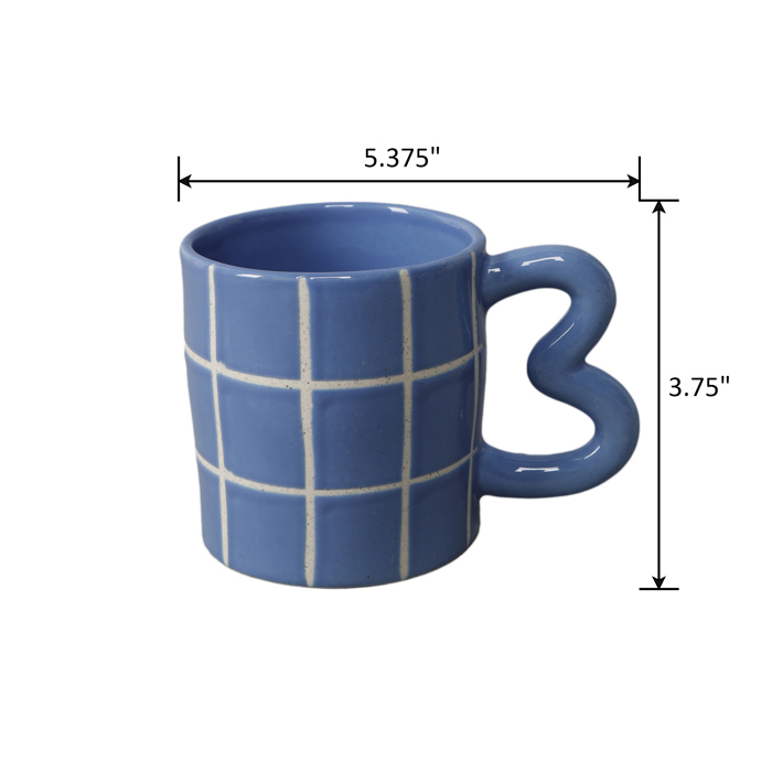 18 oz Blue Grid Ceramic Mug with Heart Handle