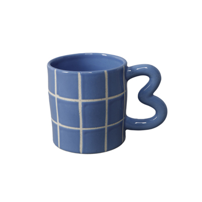 18 oz Blue Grid Ceramic Mug with Heart Handle