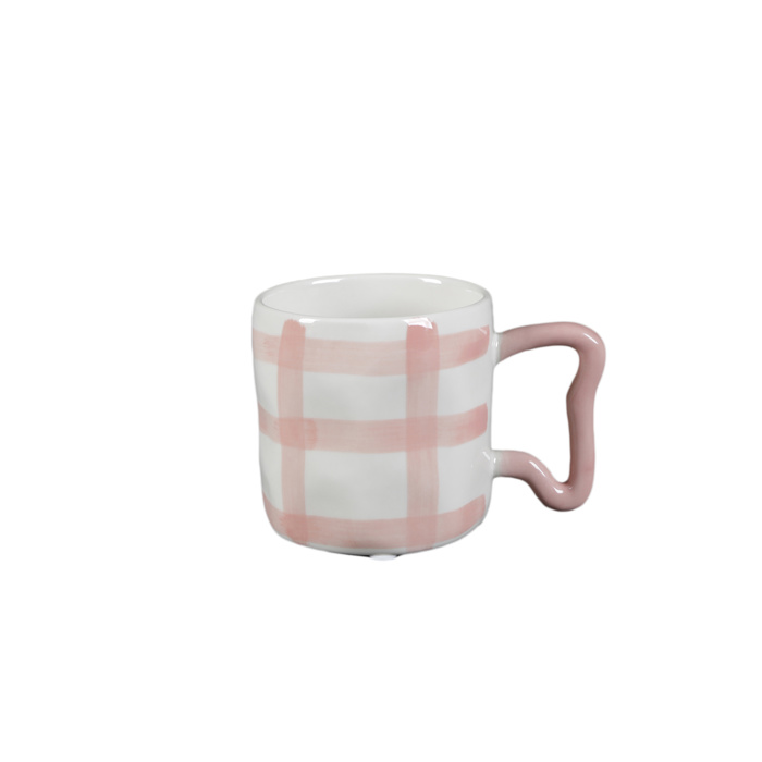 Pink Plaid Ceramic Mug with Sculpted Handle – 18oz Cottagecore Coffee Cup