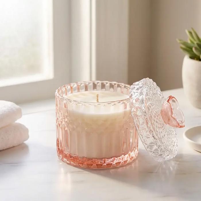 Pink Cut Glass Candle with Lid - Peony Garden