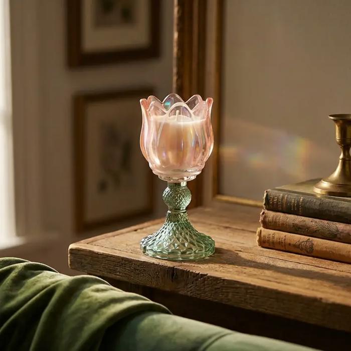 Iridescent Tulip Glass Candle on Pedestal - Peony